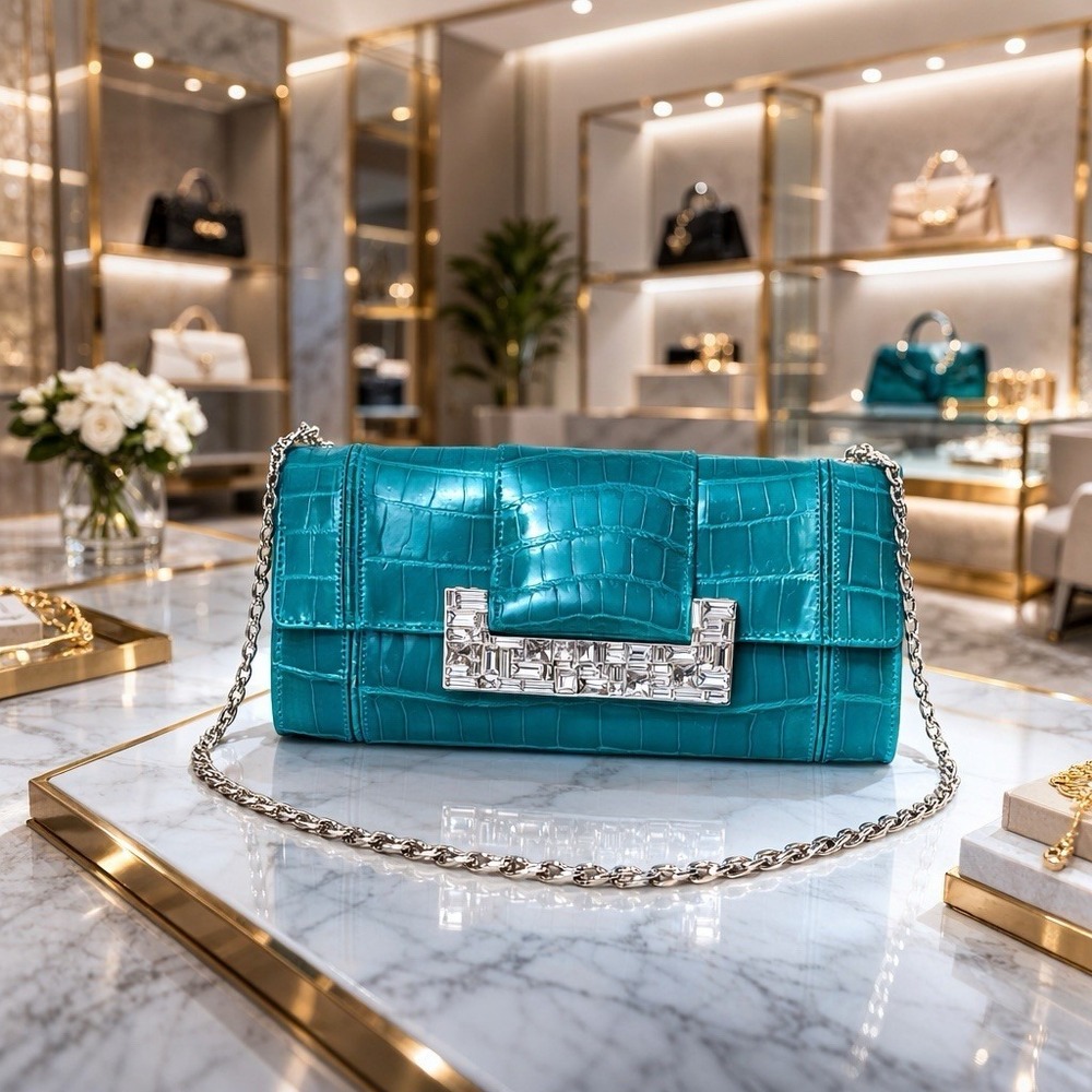 Judith Leiber Teal Crocodile Skin Handbag Clutch Swarovski Crystal Evening Event